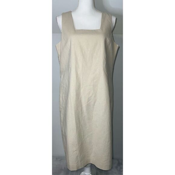 VTG Tan Beige Cream Square Neck MIDI Linen Dress 12P - Picture 2 of 8